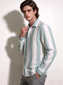 Manfinity Dauomo Men's Striped Casual Versatile Everyday Travel Shirt - Green - View 5