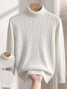 Manfinity Homme 男士高領長袖套頭毛衣，休閒針織秋冬服飾，白色慵懶時尚通勤穿搭，百搭扭繩高領長袖套頭毛衣 - 白色 - 查看 1