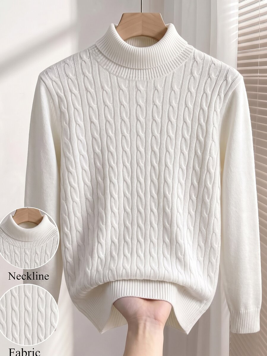 Manfinity Homme 男士高領長袖套頭毛衣,休閒針織秋冬服飾,白色慵懶時尚通勤穿搭,百搭扭繩高領長袖套頭毛衣 - 白色 - 查看 1