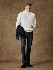 Manfinity Homme 男士高領長袖套頭毛衣，休閒針織秋冬服飾，白色慵懶時尚通勤穿搭，百搭扭繩高領長袖套頭毛衣 - 白色 - 查看 5