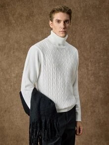 Manfinity Homme 男士高領長袖套頭毛衣，休閒針織秋冬服飾，白色慵懶時尚通勤穿搭，百搭扭繩高領長袖套頭毛衣 - 白色 - 查看 4