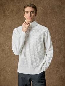 Manfinity Homme 男士高領長袖套頭毛衣，休閒針織秋冬服飾，白色慵懶時尚通勤穿搭，百搭扭繩高領長袖套頭毛衣 - 白色 - 查看 7