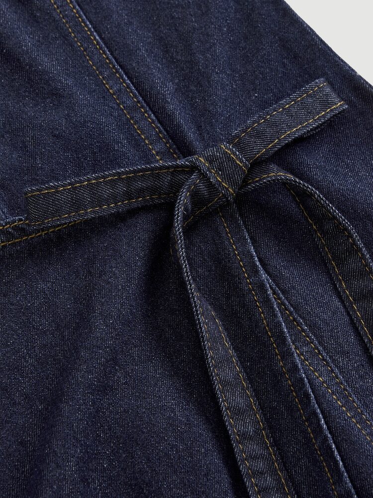 Firerie Kids Firerie Kids Tween Girls Fashion Casual Y2k Vintage Cool Street Dark Blue Washed Button-Up Bow Decoration Denim Overalls And Jumpsuits For Tween Girl Clothes Tween Girls Dailywear And Tween Girl Spring To Summer Rave Outfits Festival And Outfits Streetwear Clothes - Blue - View 2