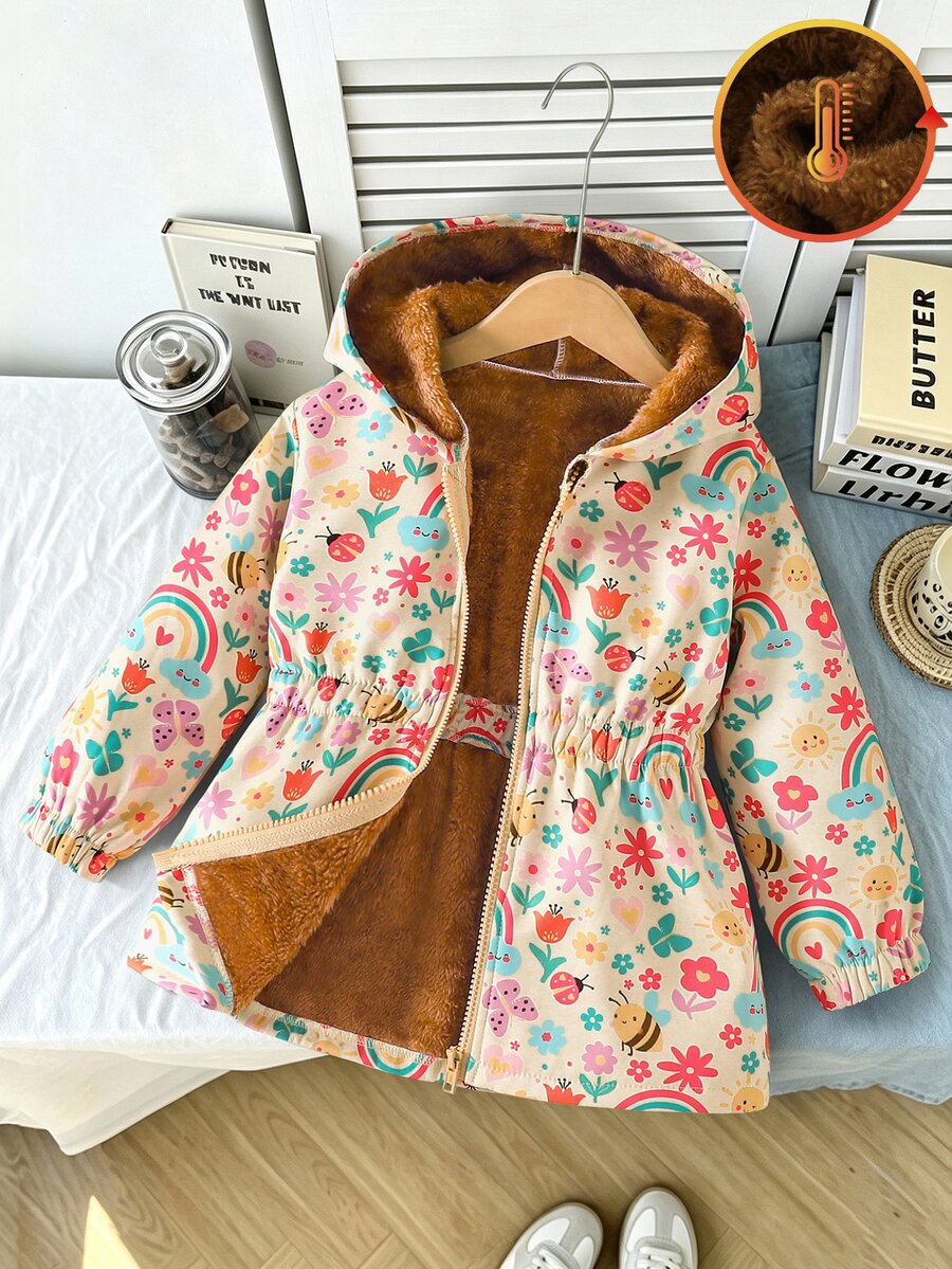 SHEIN 女童可愛印花保暖內裡加厚拉鍊夾克，秋冬款 - 彩色 - 查看 1
