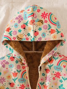 SHEIN 女童可愛印花保暖內裡加厚拉鍊夾克，秋冬款 - 彩色 - 查看 4