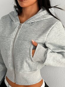 Dewbera Dewbera Women's Grey Hooded Zip-Up Short Sweatshirt, Loose Long Sleeve Casual Sports Sweatshirt Jacket - Light Grey - View 5