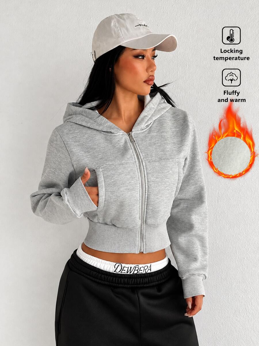 Dewbera Dewbera Women's Grey Hooded Zip-Up Short Sweatshirt, Loose Long Sleeve Casual Sports Sweatshirt Jacket - Light Grey - View 1