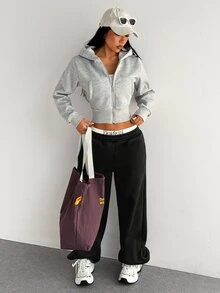Dewbera Dewbera Women's Grey Hooded Zip-Up Short Sweatshirt, Loose Long Sleeve Casual Sports Sweatshirt Jacket - Light Grey - View 6