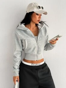 Dewbera Dewbera Women's Grey Hooded Zip-Up Short Sweatshirt, Loose Long Sleeve Casual Sports Sweatshirt Jacket - Light Grey - View 7