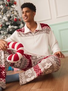 Chillnights طقم بيجامة وملابس منزلية للرجال بأكمام طويلة وياقة دائرية من القطيفة بتصميم كتل لونية ونقشة ندفة الثلج لعيد الميلاد - متعدد الألوان - مشاهدة 3