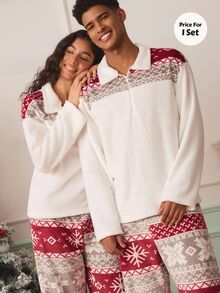 Chillnights طقم بيجامة وملابس منزلية للرجال بأكمام طويلة وياقة دائرية من القطيفة بتصميم كتل لونية ونقشة ندفة الثلج لعيد الميلاد - متعدد الألوان - مشاهدة 7