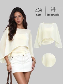 Sweetra 2 Pieces Chiffon Cape Set With Boat Neck, Flowy Outer Layer And Elastic Ruched Waist Cami Inner, Elegant Beige Outfit For Office Commute, Casual And Date Wear - Apricot - View 8