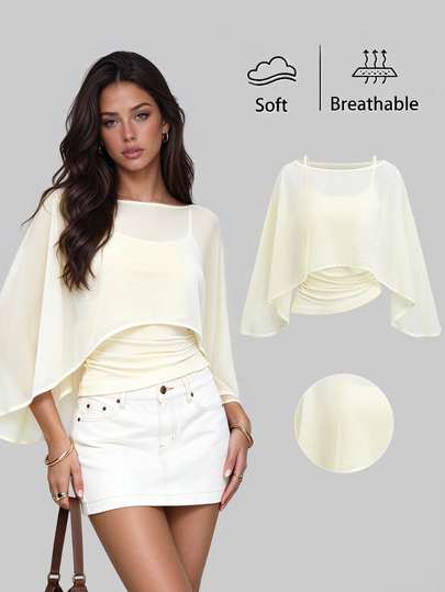Sweetra 2 Pieces Chiffon Cape Set With Boat Neck, Flowy Outer Layer And Elastic Ruched Waist Cami Inner, Elegant Beige Outfit For Office Commute, Casual And Date Wear