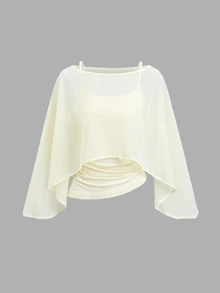 Sweetra 2 Pieces Chiffon Cape Set With Boat Neck, Flowy Outer Layer And Elastic Ruched Waist Cami Inner, Elegant Beige Outfit For Office Commute, Casual And Date Wear - Apricot - View 1