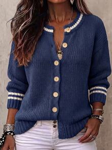 Linhara Contrast Striped Round Neck Knitted Cardigan, Navy Blue Loose Drop Shoulder Single-Breasted Sweater Jacket Winter - Blue - View 1
