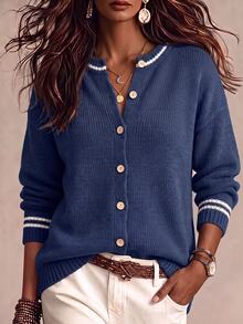 Linhara Contrast Striped Round Neck Knitted Cardigan, Navy Blue Loose Drop Shoulder Single-Breasted Sweater Jacket Winter - Blue - View 8