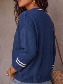 Linhara Contrast Striped Round Neck Knitted Cardigan, Navy Blue Loose Drop Shoulder Single-Breasted Sweater Jacket Winter - Blue - View 2
