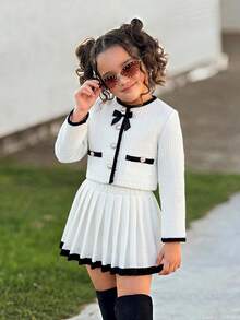 Firerie Kids Firerie Kids طقم جاكيت وتنورة للفتيات الصغيرات، أنيق للتنقل، بياقة دائرية وفيونكة متباينة - لون مشمشي - مشاهدة 1