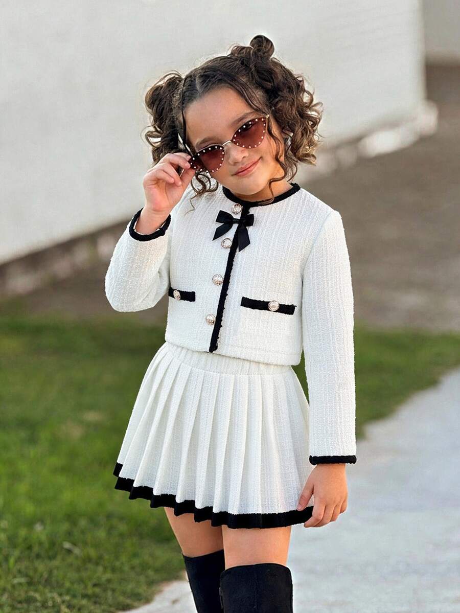 Firerie Kids Firerie Kids طقم جاكيت وتنورة للفتيات الصغيرات، أنيق للتنقل، بياقة دائرية وفيونكة متباينة - لون مشمشي - مشاهدة 1
