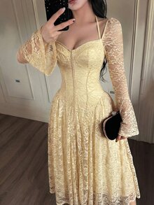 Feyla Women's Elegant Party Solid Color Lace Dress - Apricot - View 6