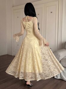Feyla Women's Elegant Party Solid Color Lace Dress - Apricot - View 3