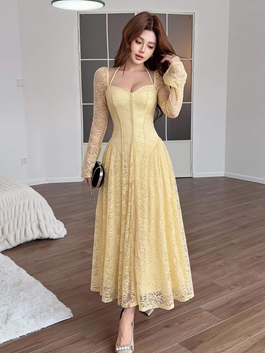 Feyla Women's Elegant Party Solid Color Lace Dress