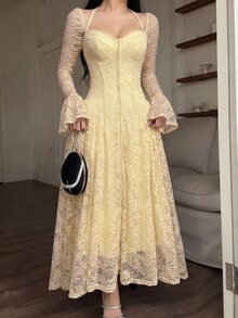 Feyla Women's Elegant Party Solid Color Lace Dress - Apricot - View 5