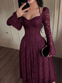 Feyla Women's Elegant Solid Color Lace Dress - Red Violet - View 6