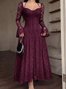 Feyla Women's Elegant Solid Color Lace Dress - Red Violet - View 5