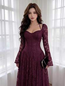 Feyla Women's Elegant Solid Color Lace Dress - Red Violet - View 2