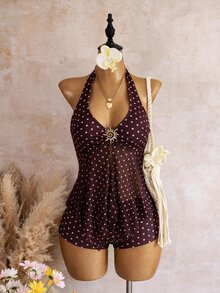 Bellisia French Elegant Polka Dot Print Halter Neck Tankini Two-Piece Swimsuit Set With Metal Decor And Mesh Patchwork, Vacation Style - Multicolor - View 1
