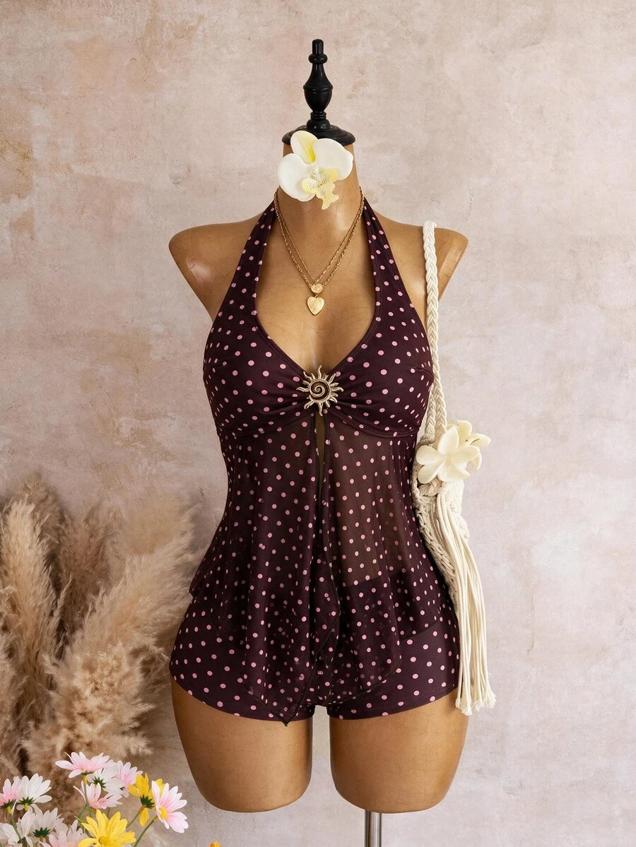 Bellisia French Elegant Polka Dot Print Halter Neck Tankini Two-Piece Swimsuit Set With Metal Decor And Mesh Patchwork, Vacation Style - Multicolor - View 1