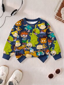 Nick 90s | SHEIN Rugrats Boys Cartoon Print Crew Neck Sweatshirt, Long Sleeve Pullover, Casual Loose Fit Sweatshirt, Boys Sportswear Suitable For Spring Autumn Daily Wear And Outdoor Activities In Autumn And Winter - Blue - View 3