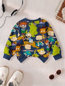 Nick 90s | SHEIN Rugrats Boys Cartoon Print Crew Neck Sweatshirt, Long Sleeve Pullover, Casual Loose Fit Sweatshirt, Boys Sportswear Suitable For Spring Autumn Daily Wear And Outdoor Activities In Autumn And Winter - Blue - View 2