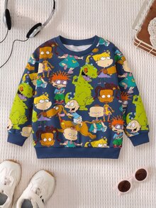Nick 90s | SHEIN Rugrats Boys Cartoon Print Crew Neck Sweatshirt, Long Sleeve Pullover, Casual Loose Fit Sweatshirt, Boys Sportswear Suitable For Spring Autumn Daily Wear And Outdoor Activities In Autumn And Winter - Blue - View 5