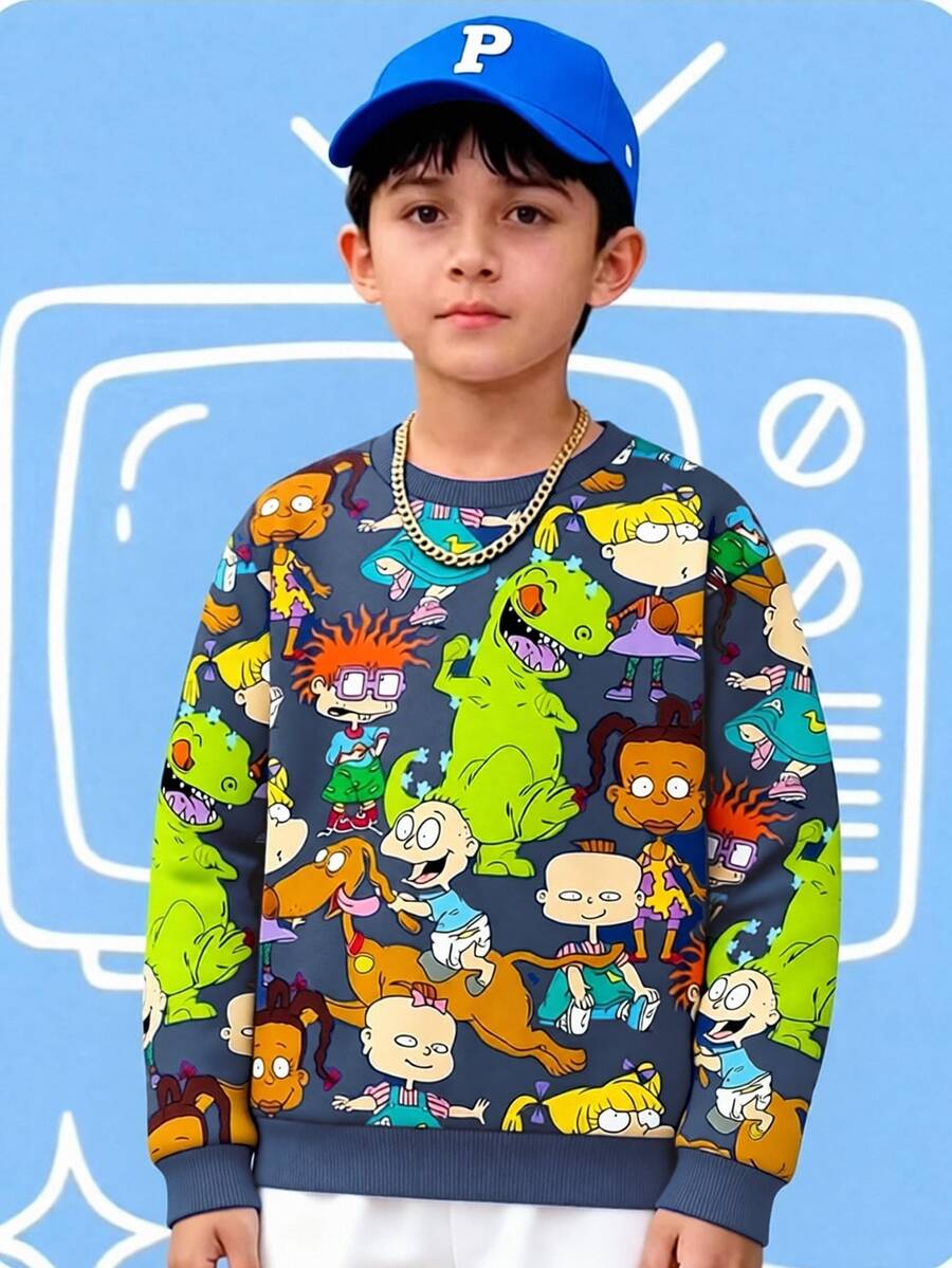 Nick 90s | SHEIN Rugrats Boys Cartoon Print Crew Neck Sweatshirt, Long Sleeve Pullover, Casual Loose Fit Sweatshirt, Boys Sportswear Suitable For Spring Autumn Daily Wear And Outdoor Activities In Autumn And Winter - Blue - View 1