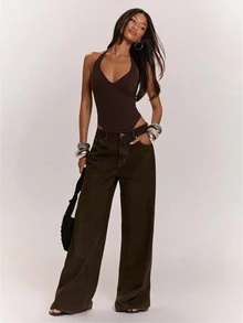 SHEIN BAE 女款秋季衣物，冬季棕色彈性掛脖修身連身衣 - 棕色 - 查看 6