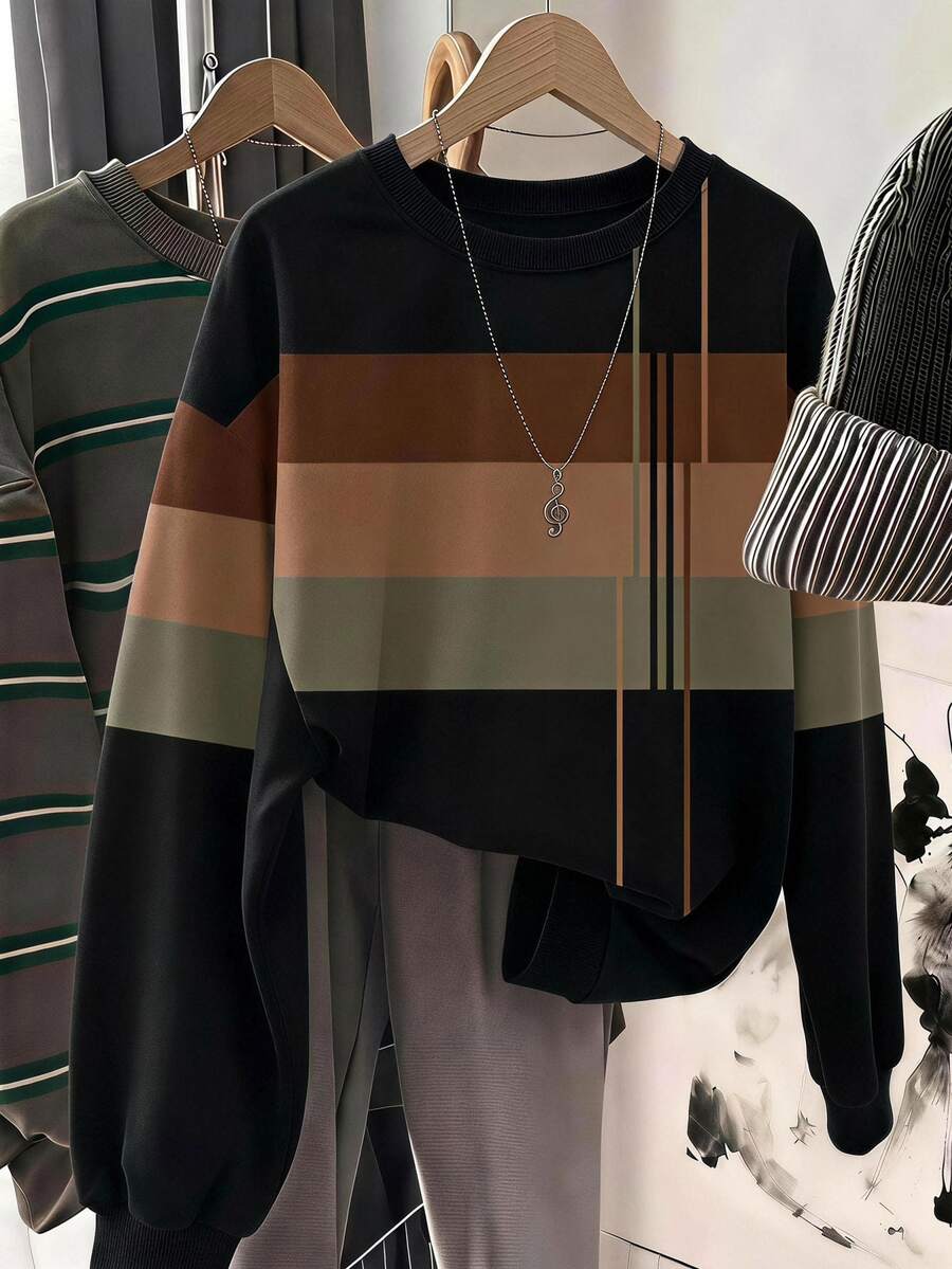 SHEIN LUNE 條紋休閒極簡大尺碼女款圓領長袖運動衫 - 彩色 - 查看 1