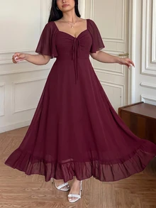 Vibekara Plus Size Casual V-Neck Ruffle Sleeve A-Line Dress, Elegant And Comfortable For Outings - Burgundy - View 7