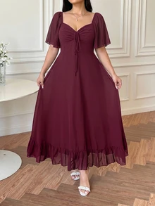 Vibekara Plus Size Casual V-Neck Ruffle Sleeve A-Line Dress, Elegant And Comfortable For Outings - Burgundy - View 5