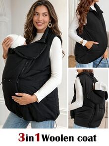 SHEIN Maternity Solid Color Zipper Front Casual Nursing Function Winter Vest Jacket - Black - View 1