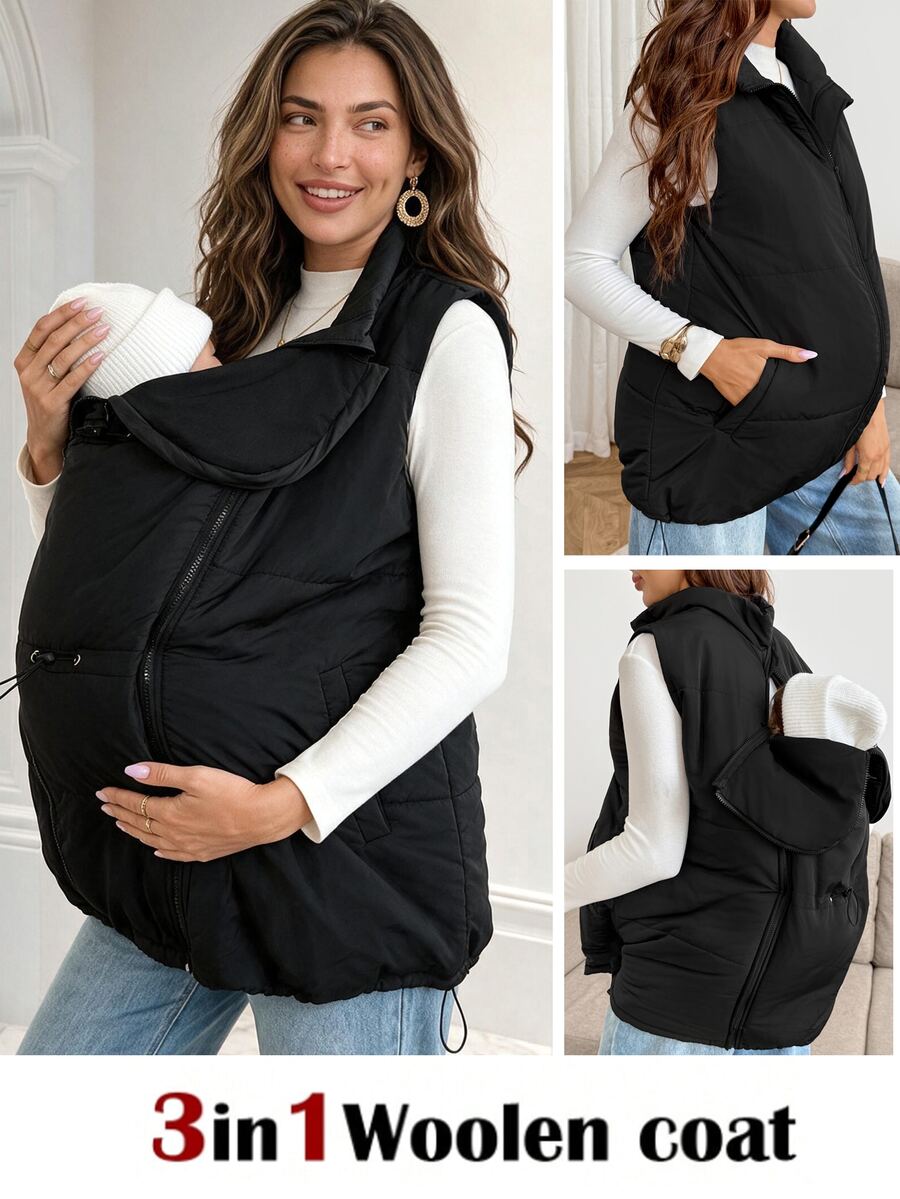 SHEIN Maternity Solid Color Zipper Front Casual Nursing Function Winter Vest Jacket - Black - View 1