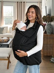SHEIN Maternity Solid Color Zipper Front Casual Nursing Function Winter Vest Jacket - Black - View 2