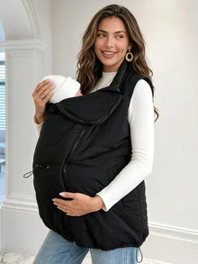 SHEIN Maternity Solid Color Zipper Front Casual Nursing Function Winter Vest Jacket - Black - View 3