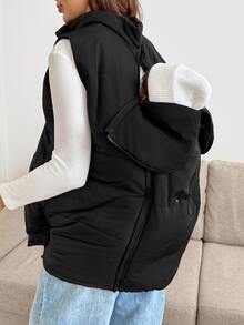 SHEIN Maternity Solid Color Zipper Front Casual Nursing Function Winter Vest Jacket - Black - View 8