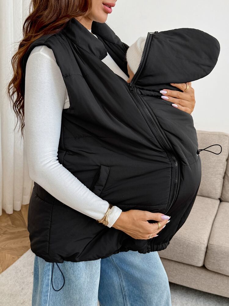 SHEIN 孕婦純色前開拉鍊休閒哺乳功能冬季背心外套 - 黑色 - 查看 9