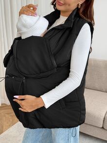 SHEIN Maternity Solid Color Zipper Front Casual Nursing Function Winter Vest Jacket - Black - View 4