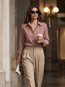Anewsta Women's Fall Elegant Casual Brown Striped Loose Long Sleeve Open Front Shirt Woven Shoulder Detail For Business Office - Dusty Pink - View 6