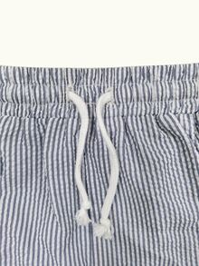 SHEIN LUNE CURVE Plus Size Women's Woven Vintage Pinstripe Bubble Texture Elastic Drawstring Loose Comfortable Casual Daily Commute Versatile Shorts - Black and White - View 6