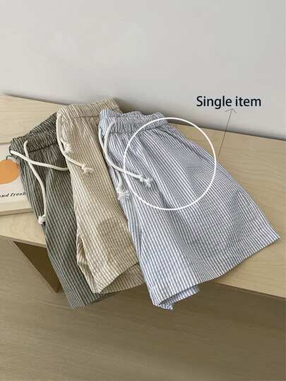 SHEIN LUNE CURVE Plus Size Women's Woven Vintage Pinstripe Bubble Texture Elastic Drawstring Loose Comfortable Casual Daily Commute Versatile Shorts